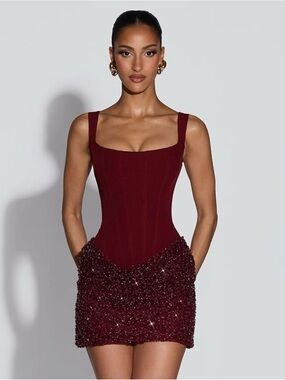 Amazon Burgundy Beaded Corset Mini Dress